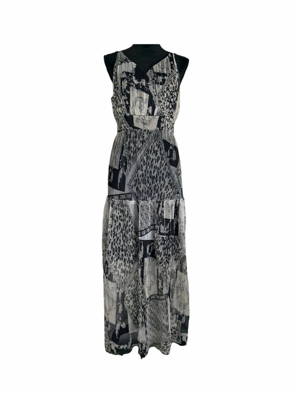 Lapis Dress Womens L Black Patchwork Chiffon Smocked Pleated Maxi Sundress Boho
